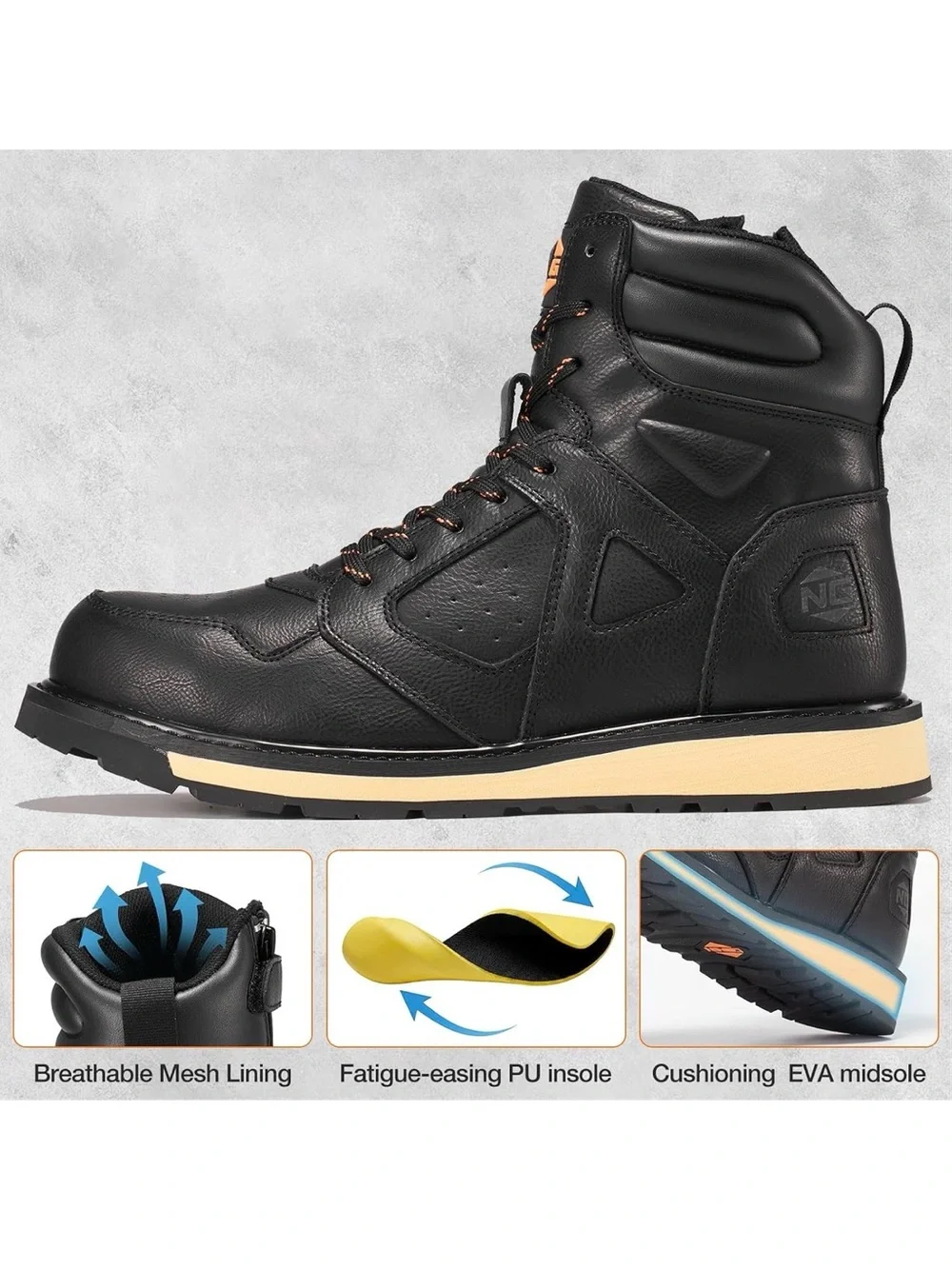 NINGO Steel Toe Water Resistant Men's Black High-Top Work Boots 11 NEW!